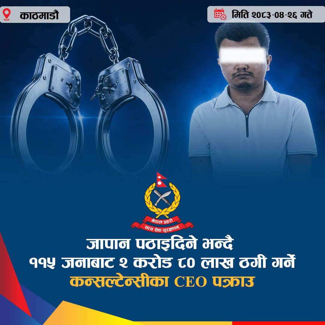 You are currently viewing ११५ जनाबाट २ करोड ८० लाख ठगी गर्ने CEO पक्राउ