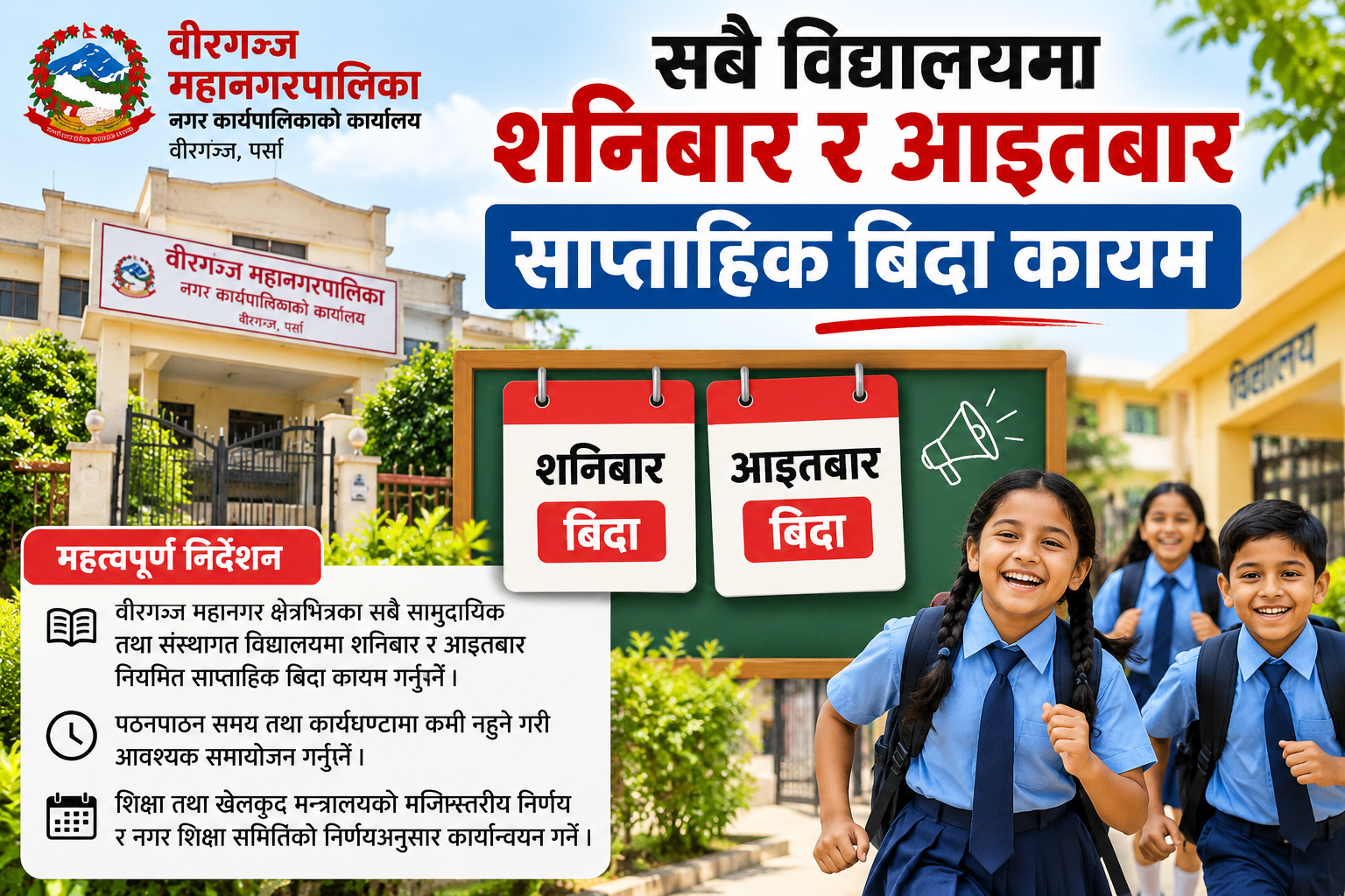 You are currently viewing वीरगञ्जका सबै विद्यालयमा शनिबार र आइतबार साप्ताहिक बिदा कायम गर्न महानगरको निर्देशन